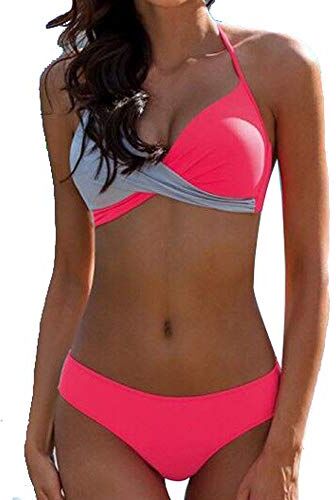 JFAN Donna Costume da Bagno Push Up Imbottito Reggiseno Bikini Donna Due Pezzi Swimwear Abiti da Spiaggia (Rosa,XL)