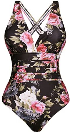 Aottori Costume Intero Donna Push Up Costume da Bagno con Scollo a V Monokini con Controllo della Pancia Beachwear Sexy Curvy per Piscina Mare Spiaggia Nero/Fiore 3XL