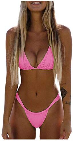 Generic Costume da Bagno Sexy da Donna con e Sexy con Due Costumi da Bagno Perizoma Bikini a Due Pezzi con Taglio Costume da Bagno Brasiliano Push-up (Pink, L)