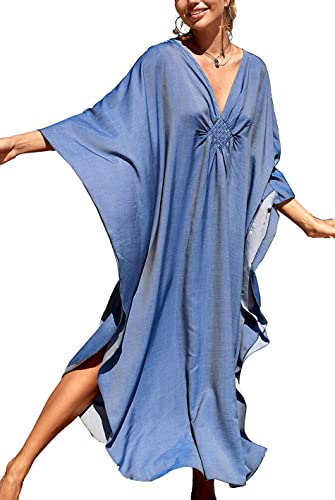 YOUKD Maxi abito lungo da donna, caffettano in stile bohémien, da spiaggia, copricostume da bagno, taglia unica, abbigliamento comodo, Blu chiaro., Etichettalia unica