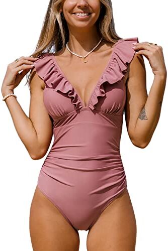 CUPSHE , Costume da bagno intero contenitivo da donna, con volant e chiusura con lacci, Fagiolo rosa., M