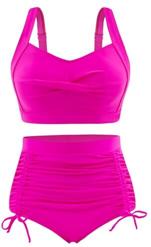 UMIPUBO Costume da Bagno Donna A Vita Alta Due Pezzi Bikini Set Push Up Imbottito Reggiseno Costumi da Mare Controllo della Pancia Abiti da Spiaggia Regolabile Beachwear Estivi (Rosa, XL)