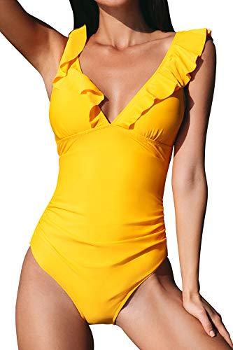 CUPSHE Costume da Bagno da Donna Volante Scollo a V Shirring Costume Intero, Giallo, S