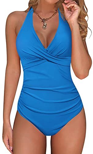 UMIPUBO Costume da Bagno Intero Donna Sexy Scollo a V Bikini Push Up Imbottito Reggiseno Curvy Costumi da Mare Donna Interi Costumi Un Pezzo Cross Spiaggia Beachwear Swimwear (Blu, XL)