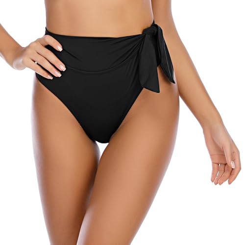 JFAN Slip Bikini Vita Alta Regolabile Donna Fondo Bikini per Donna Triangolo Classico Ruched Bikini Elegante Slim Gonna da Bagno,Nero,S