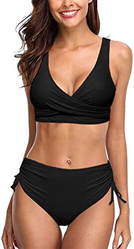 heekpek Costume da Bagno Donna Due Pezzi Costumi Push Up Scollo a V Top Bikini con Lacci Incrociati sul Retro e Pantaloncini da Bagno con Coulisse Laterale a Pieghe Bikini Donna Mare, Nero, S