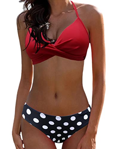 JFAN Donna Costume da Bagno Push Up Imbottito Reggiseno Bikini Donna Due Pezzi Swimwear Abiti da Spiaggia,Pois Rossi XXL