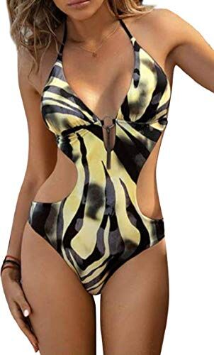 heekpek Costume Intero da Donna Scollo a V Bikini Brasiliana Sexy Halter Costume Intero Push Up con Nappe di Metallo Cut out Triangel Mare Costume da Bagno Donna Retro, Giallo, XL