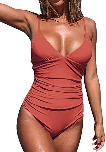 CUPSHE Costume Intero da Donna Tummy Control V Neck Costumi da Bagno, Rosso, L