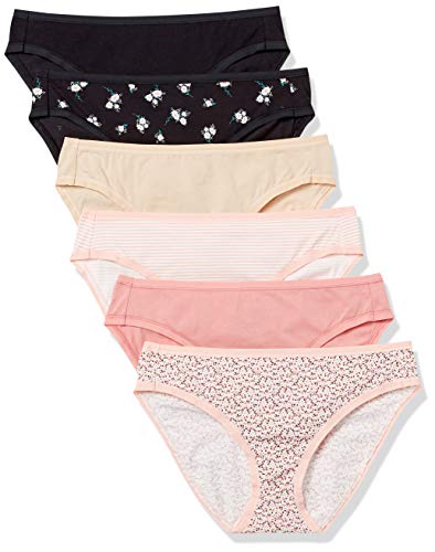 Amazon Essentials Slip Bikini in Cotone (Disponibile in Taglie Forti) Donna, Pacco da 6, Floreale/Mini Righe/Motivo Floreale Piccolo/Multicolore, 44