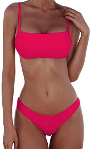 meioro Bikini Sexy per Donne Costumi da Bagno 2 Pezzi a Vita Bassa Swimwear a Tinta Unita Costume da Bagno a Gamba Alta Beachwear(M,Rosa Brillante)