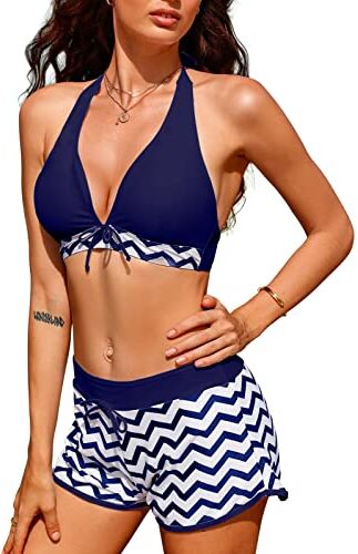 Tuopuda Costumi da Bagno Donna Costume Mare Donna Due Pezzi Halter Bikini Set Regolabile Reggiseno Spiaggia Push Up Imbottito con Pantaloncini da Bagno Brasiliana Beachwear, A-Blu, S