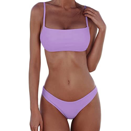 meioro Bikini Sexy per Donne Costumi da Bagno 2 Pezzi a Vita Bassa Swimwear a Tinta Unita Costume da Bagno a Gamba Alta Beachwear(L,Viola Chiaro)