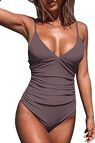 CUPSHE Costume da bagno da donna a triangolo con scollo a V, a strisce, tinta unita, drappeggio sull’addome, Caffè, M