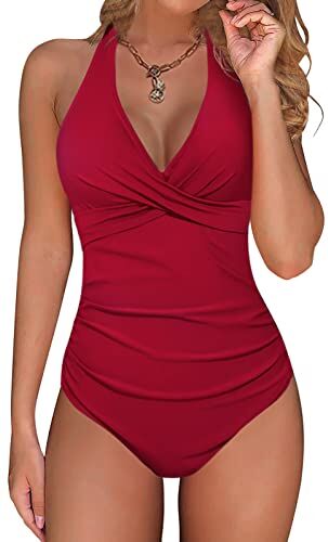 UMIPUBO Costume da Bagno Intero Donna Sexy Scollo a V Bikini Push Up Imbottito Reggiseno Curvy Costumi da Mare Donna Interi Costumi Un Pezzo Cross Spiaggia Beachwear Swimwear (Rosso, M)