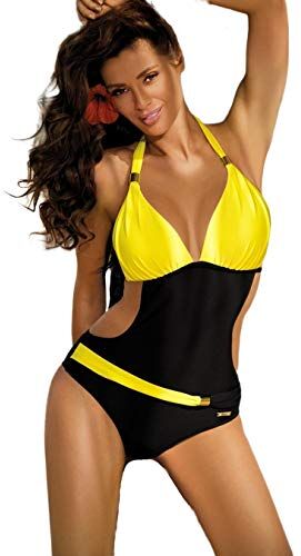 JFAN Costume da Bagno Donna Estivo con Scollo A V Bikini alla Moda di Un Pezzo Blocco di Colore Slim Halter Siamese Senza Schienale Costume da Bagno