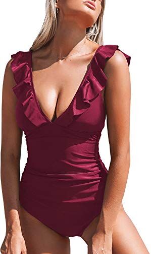 CUPSHE Costume da Bagno da Donna Volante Scollo a V Shirring Costume Intero, Rosso, XL