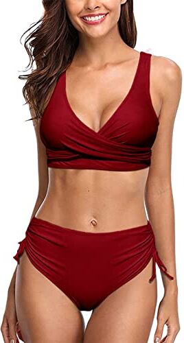 heekpek Costume da Bagno Donna Due Pezzi Costumi Push Up Scollo a V Top Bikini con Lacci Incrociati sul Retro e Pantaloncini da Bagno con Coulisse Laterale a Pieghe Bikini Donna Mare, Vino Rosso, M