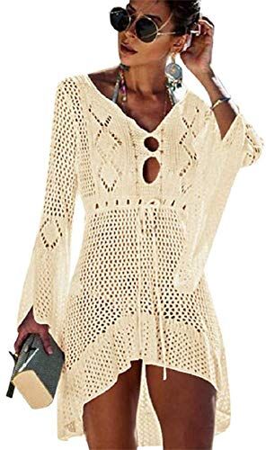 TMEOG Copricostume da Bagno Donna in Maglia Uncinetto Estate Abito da Spiaggia Bikini Cover Up Camicetta Maglia Tunica Kaftan Top (One Size, A Beige)