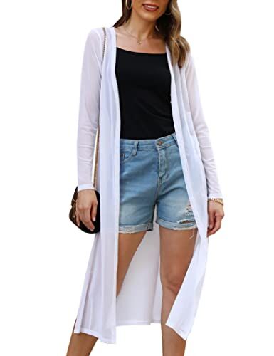 Gyabnw Cardigan Donna Copricostume in Chiffon Giacca Leggera Estiva Lungo Coprispalle Aperto Anteriore Manica Lunga Scialle Vestire Cover Up Bikini Beachwear Sexy Elegante per Party Vacanze Bianco