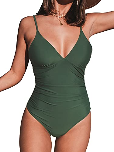 CUPSHE Costume da bagno da donna a triangolo con scollo a V, a strisce, tinta unita, drappeggio sull’addome, verde, M