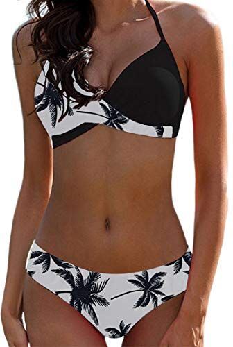 JFAN Donna Costume da Bagno Push Up Imbottito Reggiseno Bikini Donna Due Pezzi Swimwear Abiti da Spiaggia，Foglia Nera M