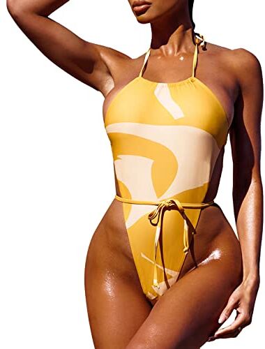 Generic Costume da bagno da donna sexy con taglio alto, monokini da donna con lacci e lacci (03B-giallo, S)