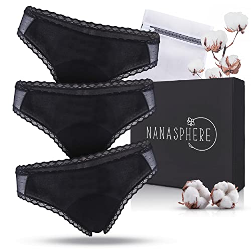 NANASPHERE Mutande Assorbenti Mestruali Set di 3 + Sacco Lavaggio   Donna Ciclo Flusso Abbondante   Cotone Organico   Slip Mestruale Donna   Incontinenza Perdita Urinaria Post Parto Adolescente (XS)