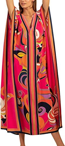 YOUKD Maxi abito lungo da donna, caffettano in stile bohémien, da spiaggia, copricostume da bagno, taglia unica, abbigliamento comodo, B Rosso, Taglia unica