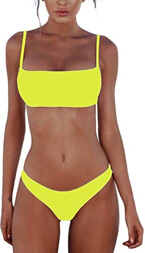 meioro Costumi da Bagno per Donna a Due Pezzi Bikini a Vita Bassa Tankini Bikini Push Up Abito a Vita Bassa(L,Giallo)