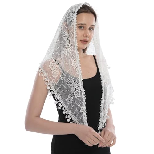 runrayay Chapel Veils Catholic Mass Mantilla, Virgin and Child Embroidery Lace Triangle Head Coverings Floral Church Veil, Style 2