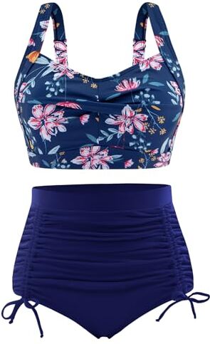 UMIPUBO Costume da Bagno Donna A Vita Alta Due Pezzi Bikini Set Push Up Imbottito Reggiseno Costumi da Mare Controllo della Pancia Abiti da Spiaggia Regolabile Beachwear Estivi (Navy Floral, XL)