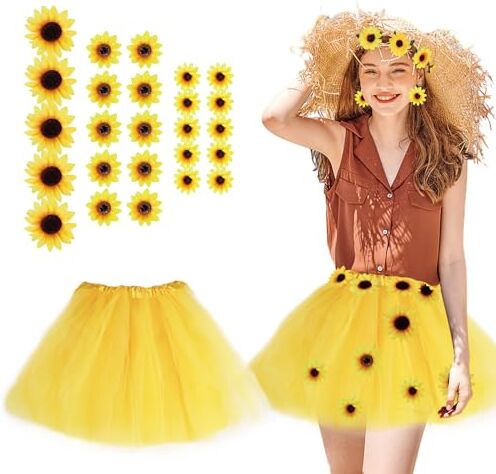 Sinwind Gonna tutù, Gonna in tulle giallo, Costume da girasole per donna, 25 pezzi Teste di fiori di girasole, Teste di girasole per la decorazione della festa