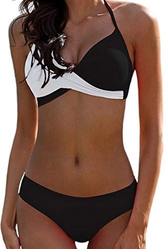 JFAN Donna Costume da Bagno Push Up Imbottito Reggiseno Bikini Donna Due Pezzi Swimwear Abiti da Spiaggia (Nero,S)