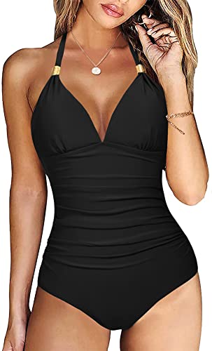 Vancavoo Costume Nero Intero Donna Costumi da Bagno Controllo Pancia Monokini Scollo a V Spalline Regolabile Backless Retro Beachwear 1 Pezzi Swimsuit Spiaggia Estate,Nero,XXL