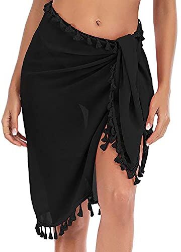 Evlry Edary Tassel Beach Wrap Sarong Chiffon Wrap Gonna Costume da bagno Copricostume Bikini Side Strappy Sarong Holiday Beach Wear Cover per donne e ragazze (nero)