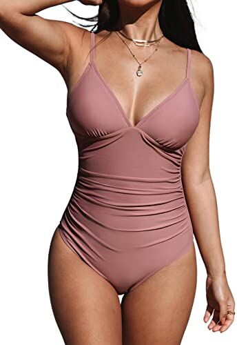 CUPSHE Costume da bagno da donna a triangolo con scollo a V, a strisce, tinta unita, drappeggio sull’addome, Fagioli rosa., XS