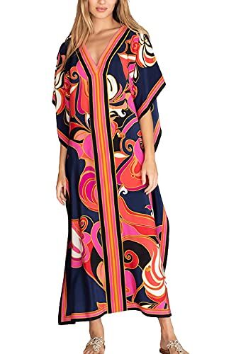 YOUKD Maxi abito lungo da donna, caffettano in stile bohémien, da spiaggia, copricostume da bagno, taglia unica, abbigliamento comodo, B Blu Rosso, Taglia unica