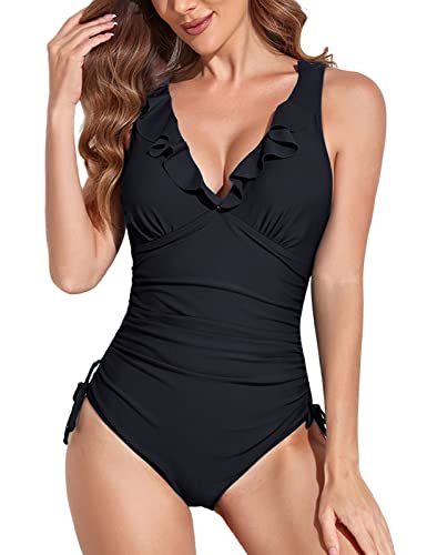 UMIPUBO Costume da Bagno Intero Donna Scollo A V Volant Costumi da Mare Interi Push Up Vita Alta Controllo della Pancia Bikini Costumi Un Pezzo Spiaggia Beachwear Swimwear (Nero, XL)