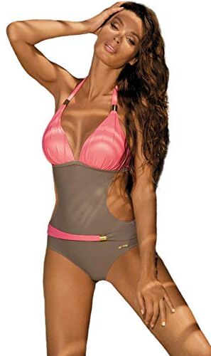 JFAN Costume da Bagno Donna Estivo con Scollo A V Bikini alla Moda di Un Pezzo Blocco di Colore Slim Halter Siamese Senza Schienale Costume da Bagno Rosa M