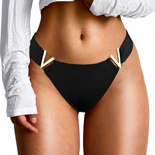 JFAN Slip da Bagno Donna Bikini Slip Vita Bassa Costume Bikini Bottom a Forma di V Metallo Brasiliano Bikini da Spiaggia，Nero，L