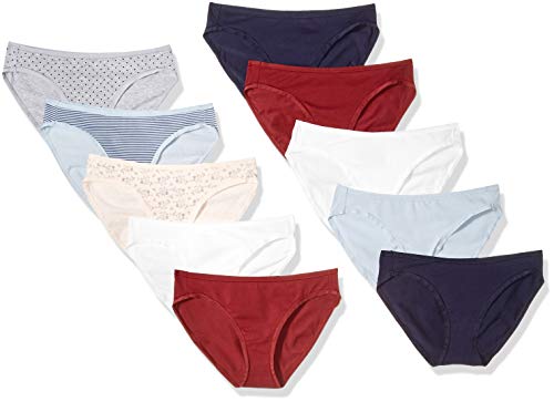 Amazon Essentials Slip Bikini in Cotone (Disponibile in Taglie Forti) Donna, Pacco da 10, Motivo Floreale Piccolo/Multicolore/Pois/Righe, 44