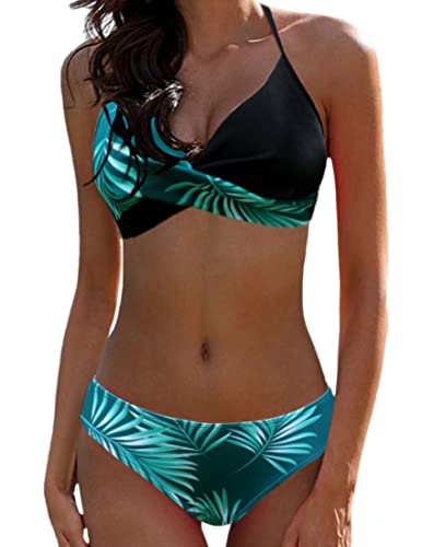 JFAN Donna Costume da Bagno Push Up Imbottito Reggiseno Bikini Donna Due Pezzi Swimwear Abiti da Spiaggia，Foglie Nere + Verdi S