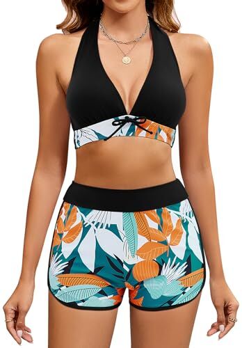 Vancavoo Costume Donna Due Pezzi Push Up Costumi da Bagno Stampa Floreale Bikini Set con Pantaloncini Mare Spiaggia Swimsuit Beachwear Estate,Nero+Foglia d'arancia,S