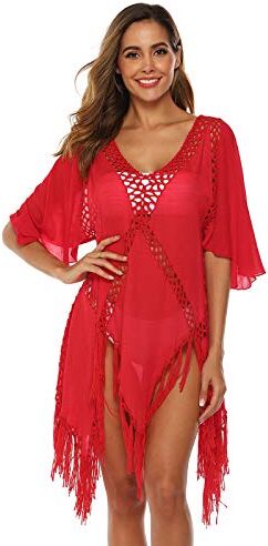 GAOHONGMEI Costume da bagno da donna Hollow Bikini Crochet Sexy lavorato a maglia Coprire Vestito da Spiaggia Indossare Protezione Solare Top rosso-Taglia unica