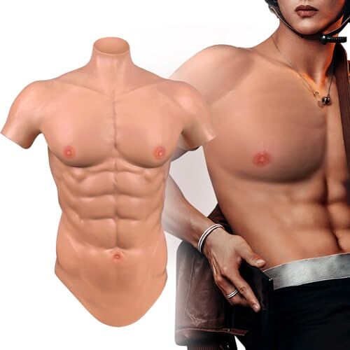 ICEVER Tuta muscolare in silicone maschile realistica per il petto muscolare finto vestito per gli addominali finti, costume per cosplay, donna, festa transgender (carnagione abbronzata, bronzo,