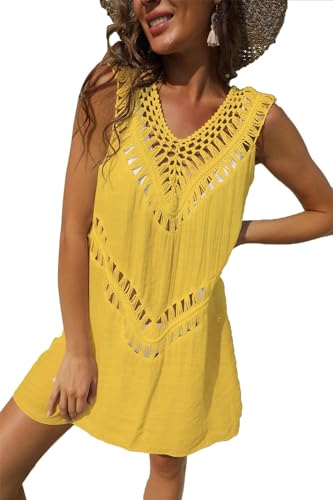 Yutdeng Copricostume Donna Mare Abito da Spiaggia Sexy Elegante Scollo a V Senza Maniche Bikini Cover Up in Crochet Copri Costume da Spiaggia Estate Beachwear,Giallo