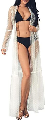 Handcess Copricostume in pizzo Copricostume con maniche lunghe Copricostume per costumi da bagno Vestito copricostume per bikini aperto sul davanti per le donne (L)