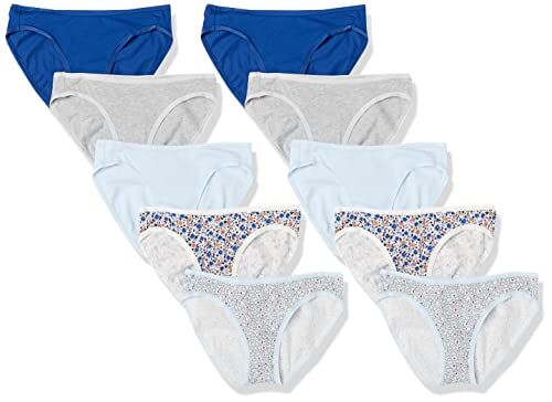 Amazon Essentials Slip Bikini in Cotone (Disponibile in Taglie Forti) Donna, Pacco da 10, Blu/Celeste/Grigio Puntinato/Floreale/Motivo Floreale Piccolo, 48