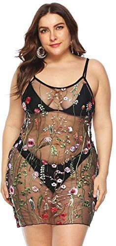 Sethain Donne Pizzo Maglia Abito da spiaggia con spalline sottili Nero Taglia grossa Fiore Lingerie pura Bikini Coprimenti per costumi da bagno